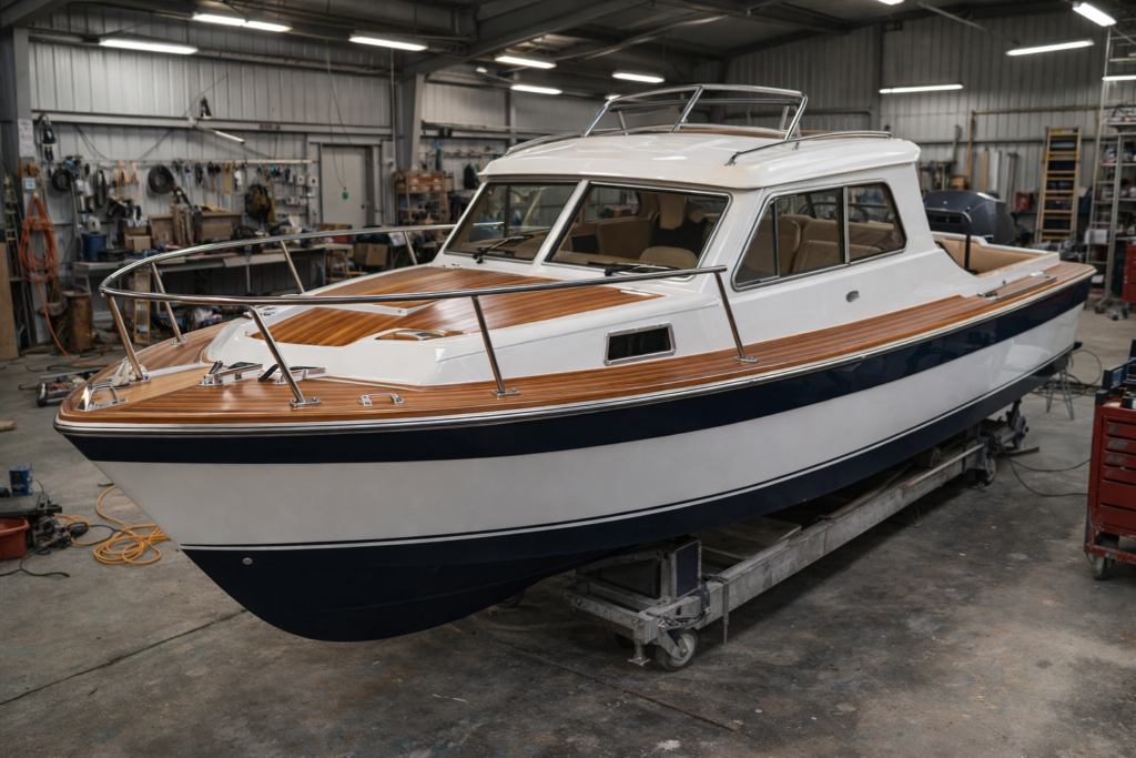 barca in timpul procesului de restaurare, aflata in atelier